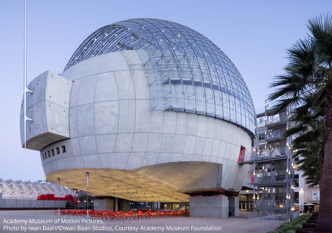 The new Sphere Building featuring the Geffen Theater and the glass-domed Dolby Family Terrance.